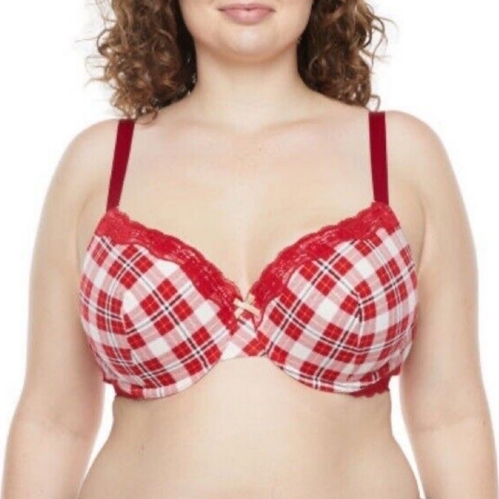 Plaid Lace Trim Red Underwire Bra - Plus Size